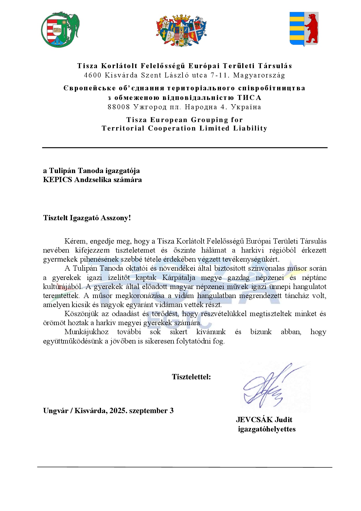 Köszönetnyilvánítás Kepics Andzselika igazgatónak